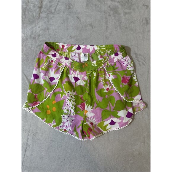 Trina Turk Women’s Shorts Large Floral Print Green Pink White Pom Trim - Picture 1 of 10